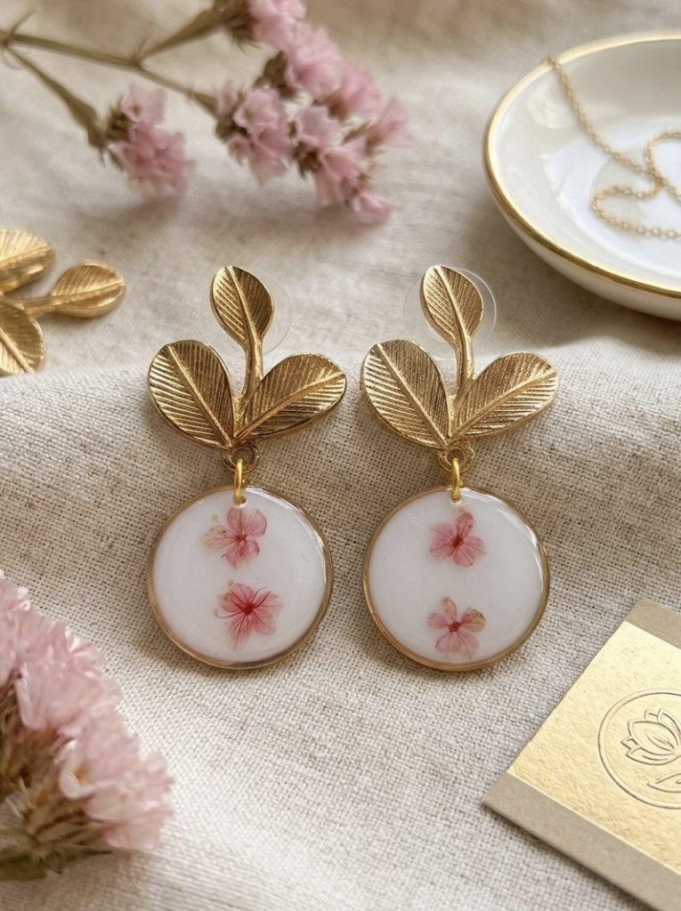Boucles d'oreilles dorees avec motif de feuilles et pendentif rond contentant de veritables myosotis roses figes dans la resine sur fond blanc, posees sur un tissu en lin a cote de fleurs sechees.