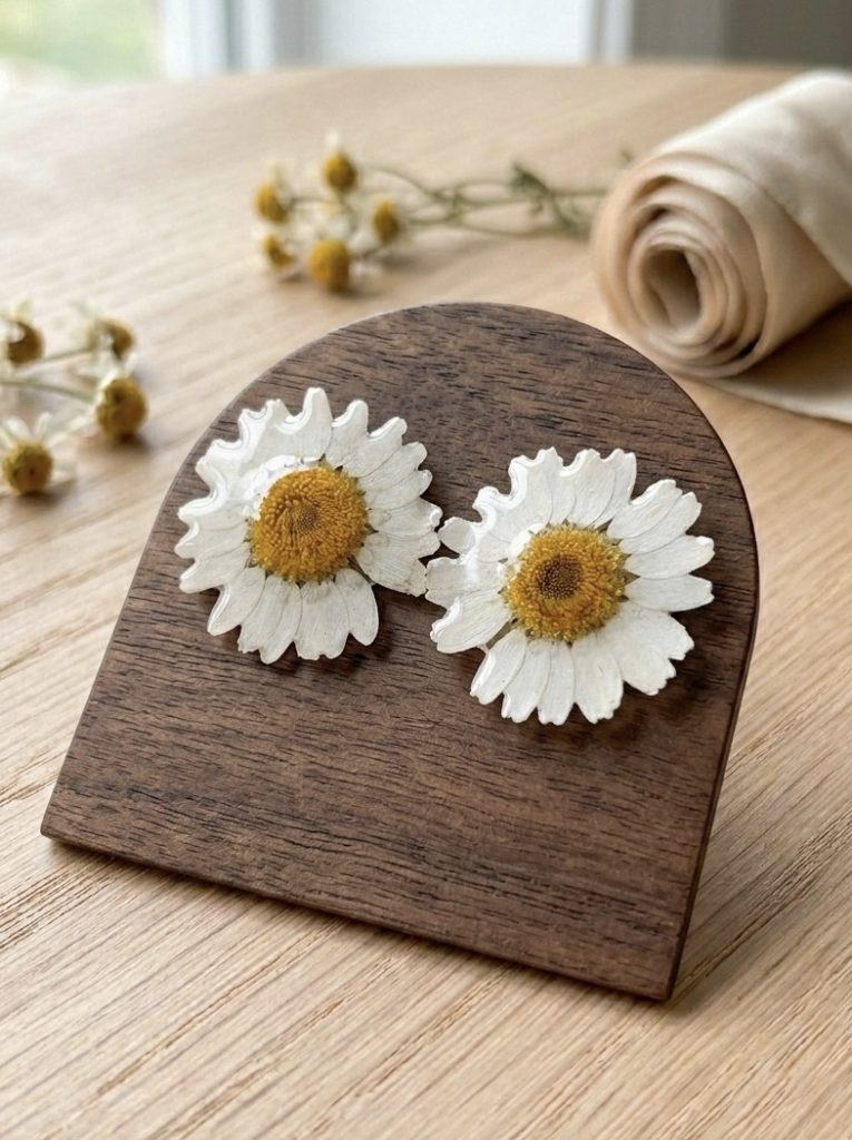 Paire de boucles d'oreilles artisanales en forme de marguerites reelles figees dans la resine, presentees sur un support en bois fonce avec des fleurs de camomille sechees en arriere-plan