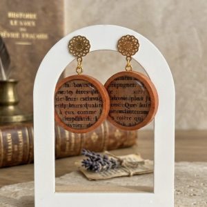 Boucles d'oreilles litteraires - Bois et papier vintage