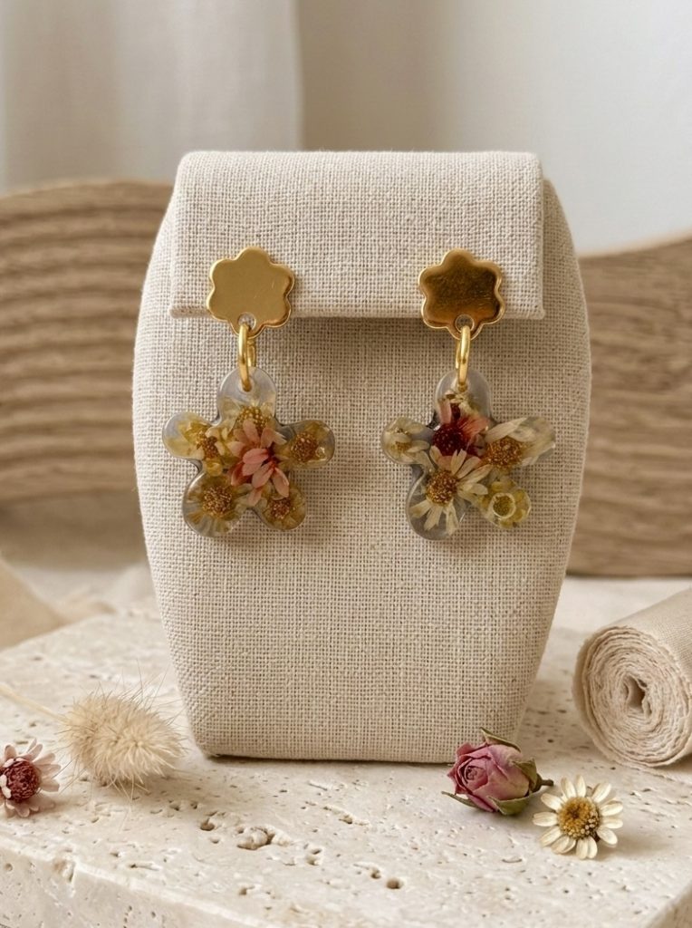 Boucles d'oreilles artisanales en forme de fleurs avec de véritables fleurs de glixia séchées figées dans la résine, montées sur des puces dorées en forme de fleur, présentées sur un support en lin.