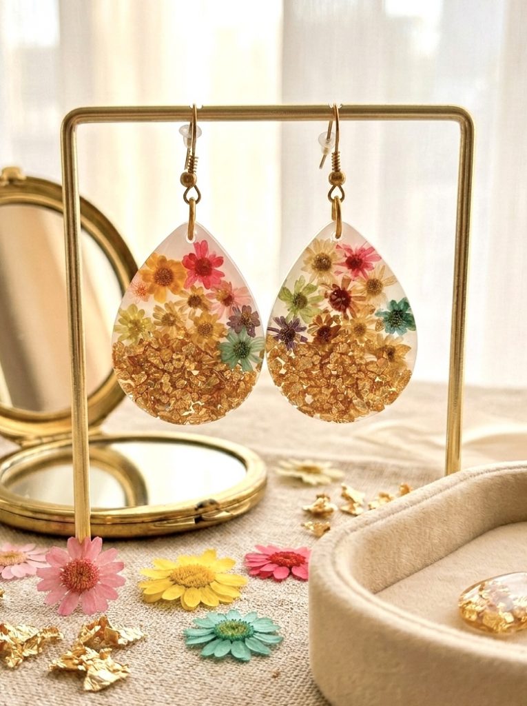 Boucles d'oreilles pendantes en forme de gouttes, réalisées en résine transparente. À l'intérieur sont figées de petites fleurs séchées multicolores (rose, jaune, bleu) et des éclats de feuilles d'or à la base. Les boucles sont présentées sur un support doré avec un miroir et des fleurs printanières en arrière-plan.