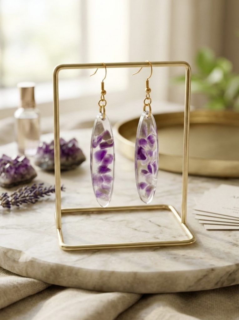Gros plan sur une paire de boucles d'oreilles pendantes de forme ovale, suspendues sur un support doré minimaliste. Les bijoux sont créés en résine transparente incluant des éclats d'améthyste naturelle d'un violet profond. L'ensemble est mis en scène sur un plateau en marbre blanc, entouré de géodes d'améthyste brute, d'un brin de lavande séchée et d'un flacon de parfum, le tout baigné dans une lumière naturelle douce.
