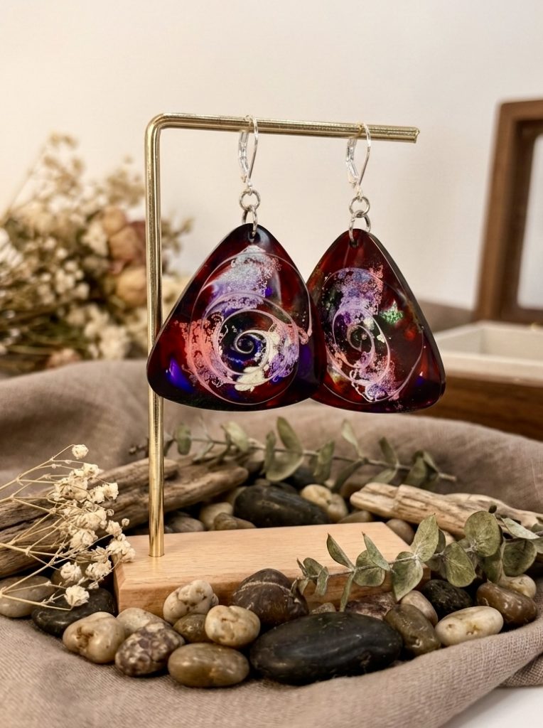 Une paire de boucles d'oreilles triangulaires en résine époxy de la collection Galaxy, suspendues sur un support doré. L'intérieur de la résine révèle des volutes tourbillonnantes de violet, de rose et de blanc sur un fond bordeaux profond, évoquant une nébuleuse cosmique. Des pierres naturelles et des plantes séchées sont disposées à la base de la composition.